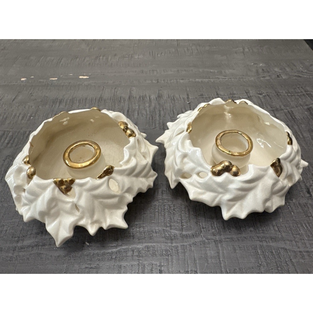 Vintage Atlantic Mold 1994 Holly Leaf Gold Candle Holders Pair Signed‎ USA